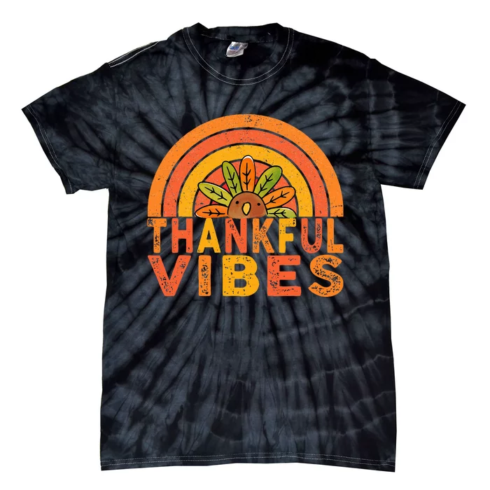 Thankful Vibes Turkey Rainbow Funny Retro Thanksgiving Tie-Dye T-Shirt