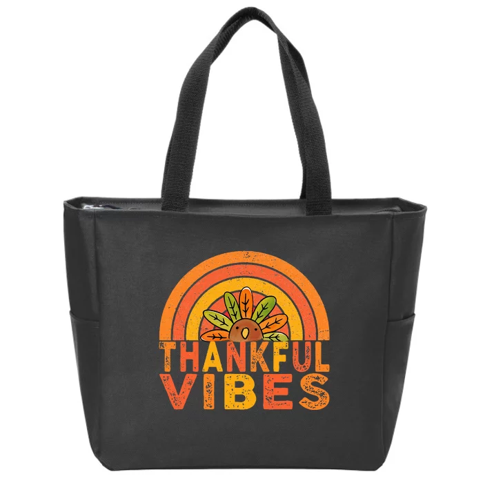 Thankful Vibes Turkey Rainbow Funny Retro Thanksgiving Zip Tote Bag