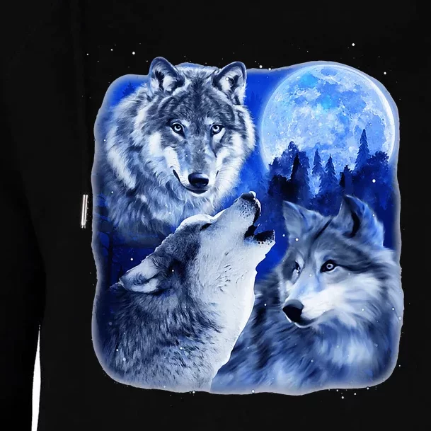 Three Wolves 3 Grey Wolf Howling At The Moon Wild Animal Womens Funnel Neck Pullover Hood