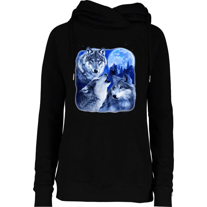 Three Wolves 3 Grey Wolf Howling At The Moon Wild Animal Womens Funnel Neck Pullover Hood