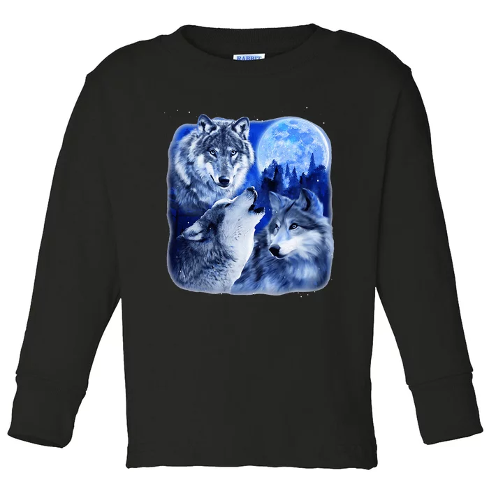 Three Wolves 3 Grey Wolf Howling At The Moon Wild Animal Toddler Long Sleeve Shirt