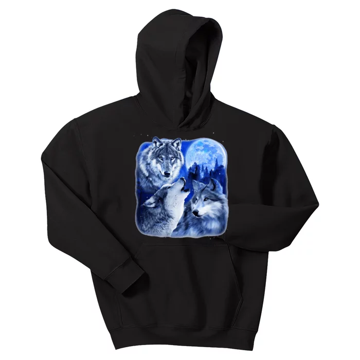 Three Wolves 3 Grey Wolf Howling At The Moon Wild Animal Kids Hoodie