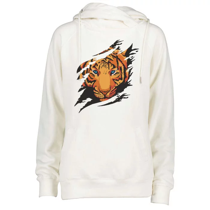 Tiger Wild Animal Ripped Womens Funnel Neck Pullover Hood