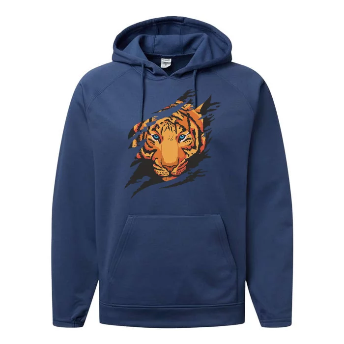 Tiger Wild Animal Ripped Performance Fleece Hoodie