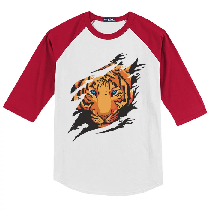 Tiger Wild Animal Ripped Kids Colorblock Raglan Jersey