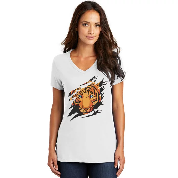 Tiger Wild Animal Ripped Women's V-Neck T-Shirt