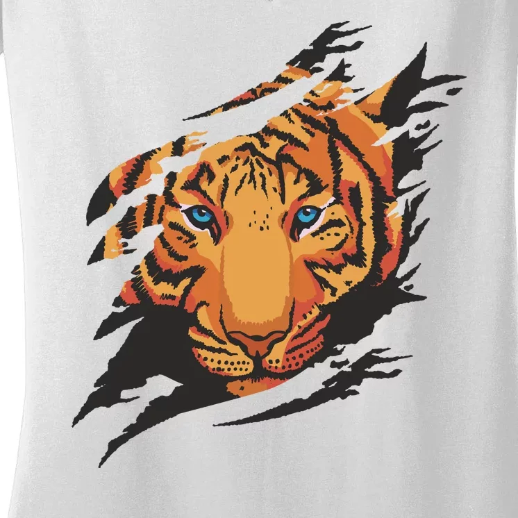 Tiger Wild Animal Ripped Women's V-Neck T-Shirt