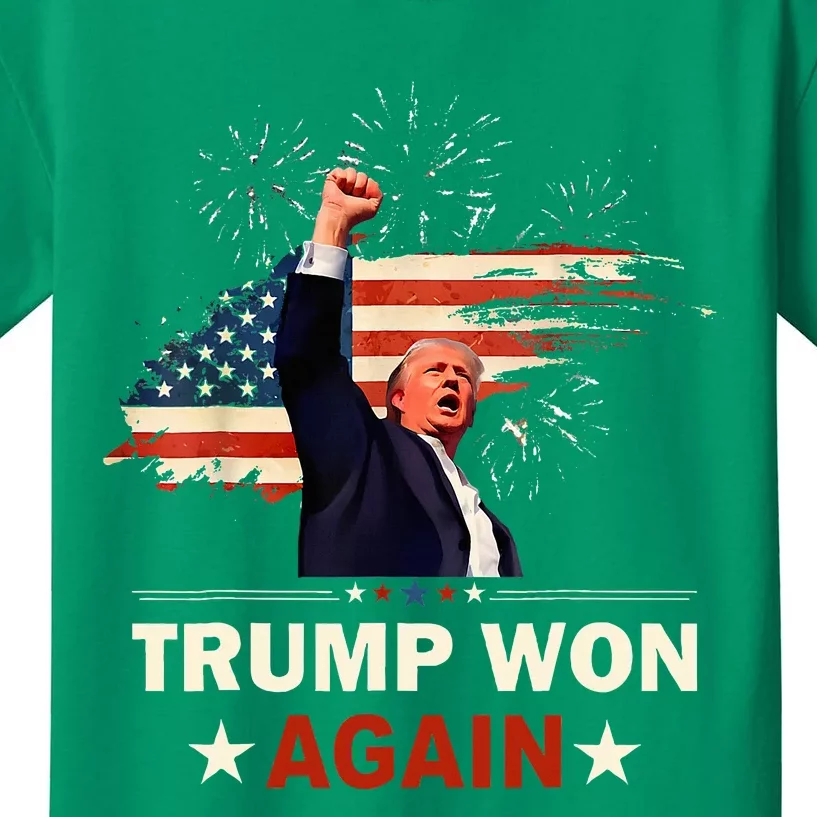 Trump Won Again 2024 Election President 47 Th American Flag Kids T-Shirt