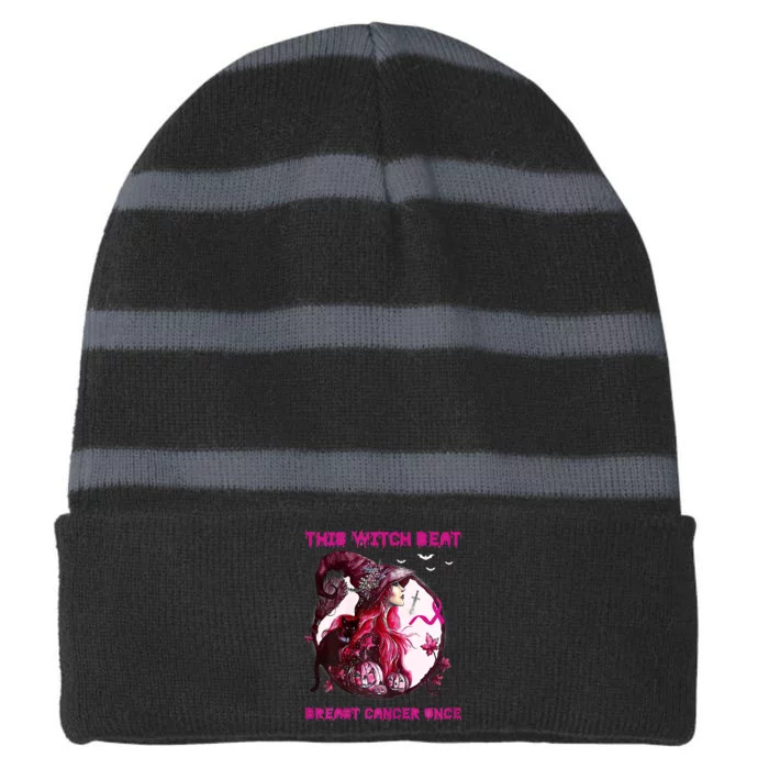 This Witch Beat Breast Cancer Once Awareness Witch Night Striped Beanie with Solid Band