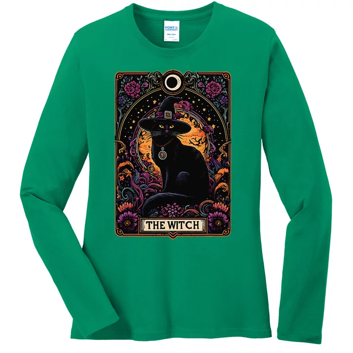 The Witch Cat Tarot Card Halloween Vintage Gothic Ladies Long Sleeve Shirt