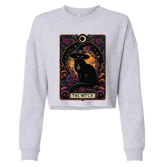 The Witch Cat Tarot Card Halloween Vintage Gothic Cropped Pullover Crew