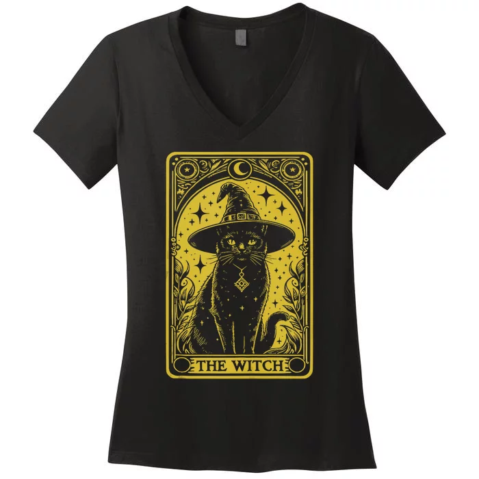 The Witch Cat Halloween Vintage Gothic Tarot Card Women's V-Neck T-Shirt