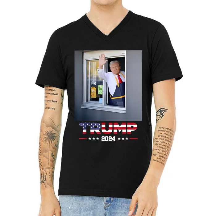 Trump Works Drive Thru Trump Serving French Fries V-Neck T-Shirt