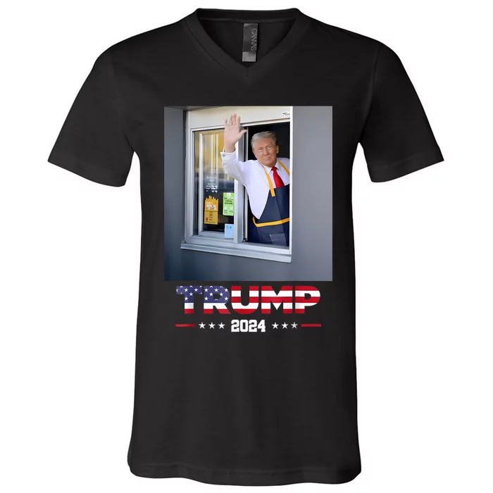 Trump Works Drive Thru Trump Serving French Fries V-Neck T-Shirt