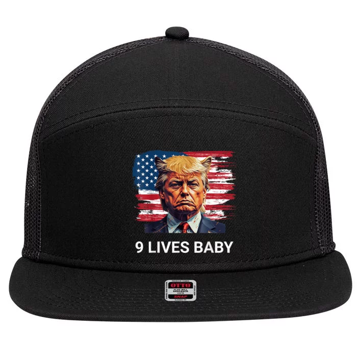 Trump With Ears Cat In Suite American Flag Nine Lives Baby 7 Panel Mesh Trucker Snapback Hat