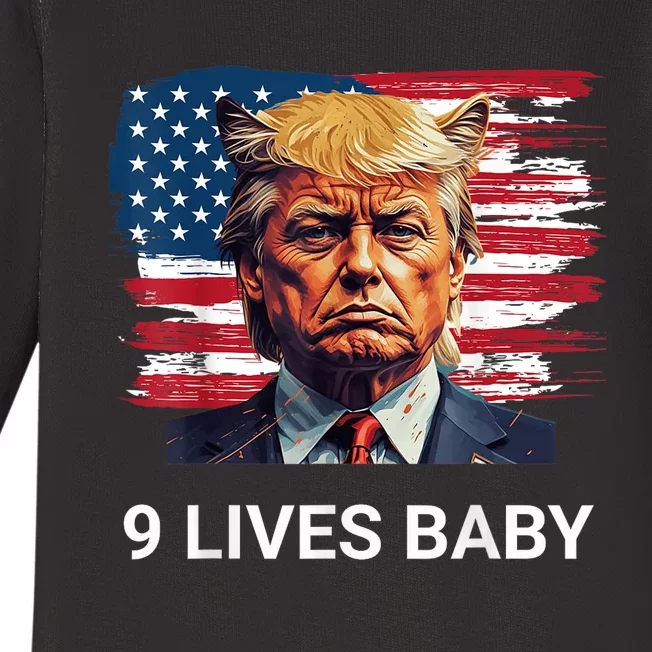 Trump With Ears Cat In Suite American Flag Nine Lives Baby Baby Long Sleeve Bodysuit