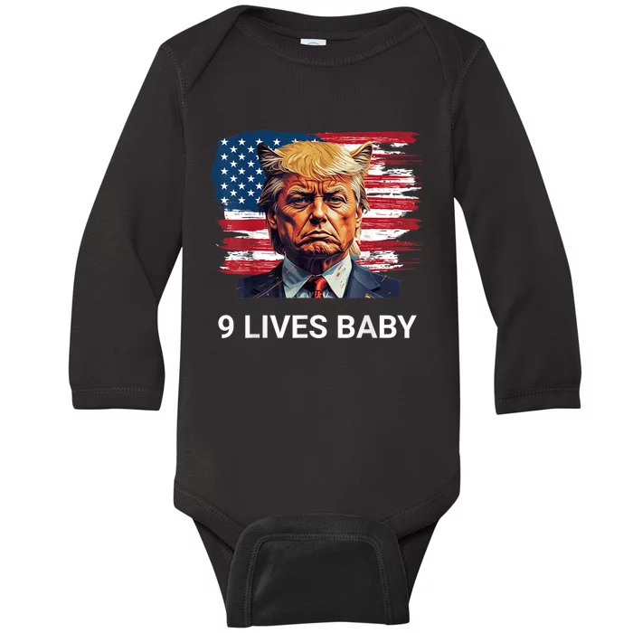 Trump With Ears Cat In Suite American Flag Nine Lives Baby Baby Long Sleeve Bodysuit