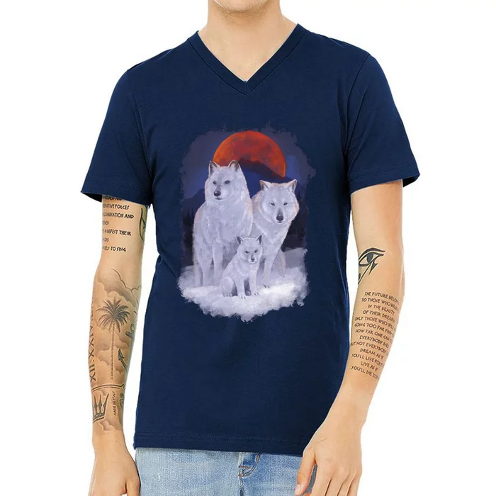 Three Wolves Family Portrait Painting V-Neck T-Shirt