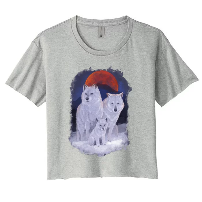 Three Wolves Family Portrait Painting Women's Crop Top Tee