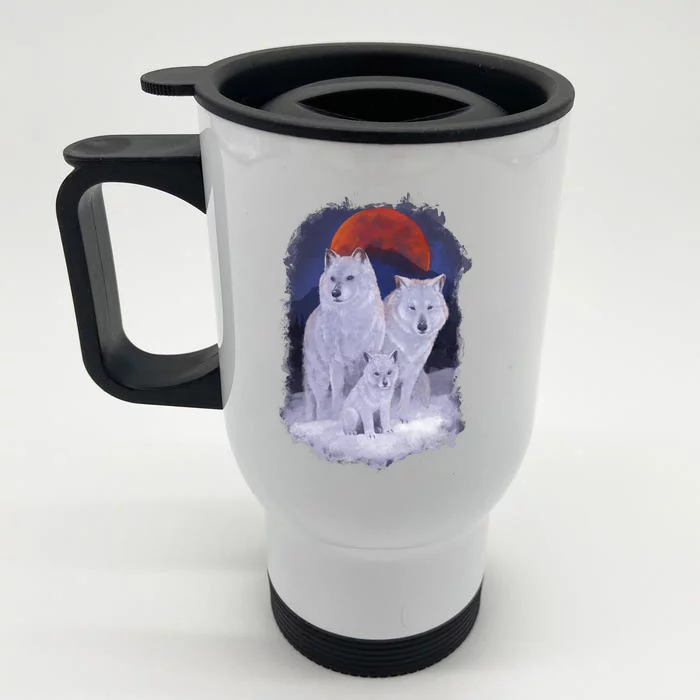 Three Wolves Family Portrait Painting Front & Back Stainless Steel Travel Mug