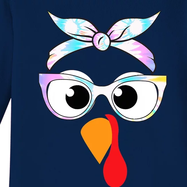 Turkey With Glasses Tie Dye Thanksgiving Turkey Face Gift Baby Long Sleeve Bodysuit