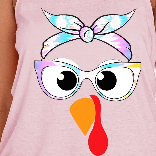 Turkey With Glasses Tie Dye Thanksgiving Turkey Face Gift Women's Knotted Racerback Tank