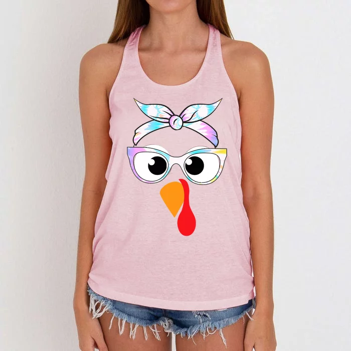 Turkey With Glasses Tie Dye Thanksgiving Turkey Face Gift Women's Knotted Racerback Tank