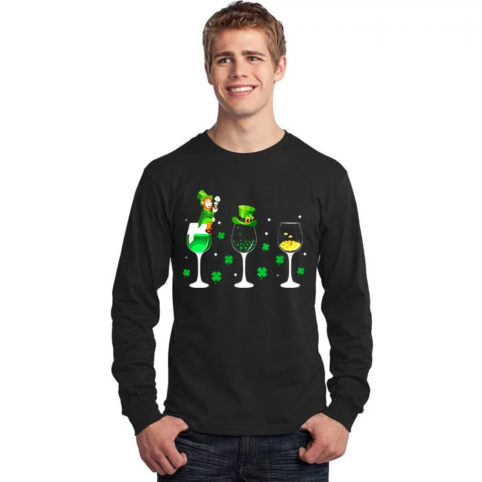 Three Wine Glasses Shamrock Irish St Patricks Day Vneck Tall Long Sleeve T-Shirt