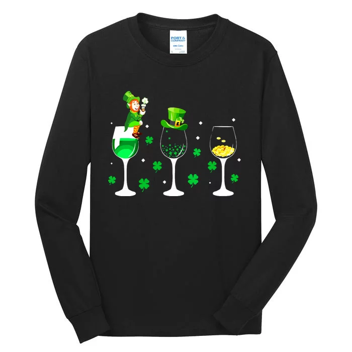 Three Wine Glasses Shamrock Irish St Patricks Day Vneck Tall Long Sleeve T-Shirt