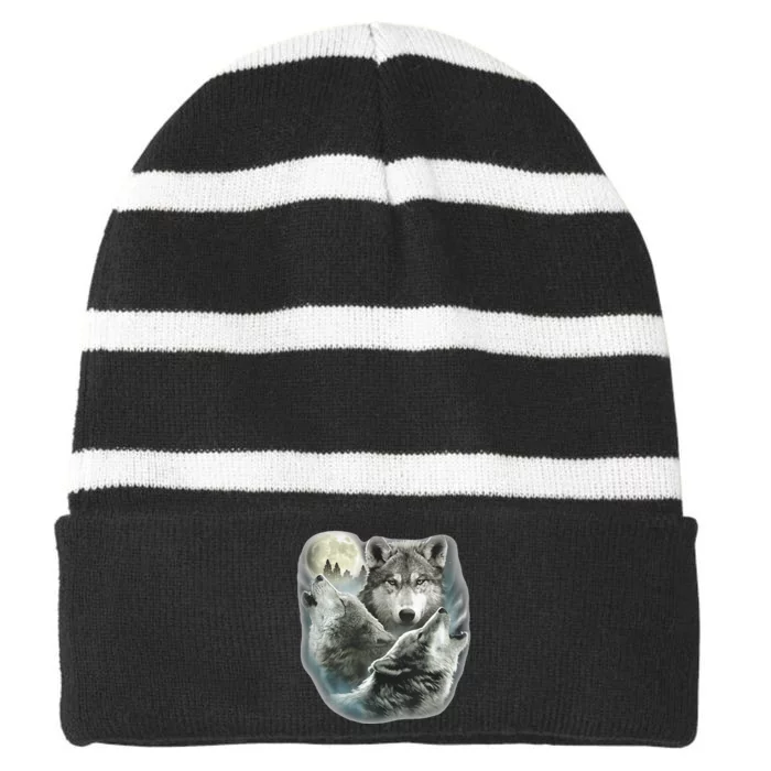 Three Wolves Howling At The Moon Wolf Lover Striped Beanie with Solid Band