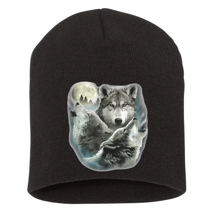 Three Wolves Howling At The Moon Wolf Lover Short Acrylic Beanie