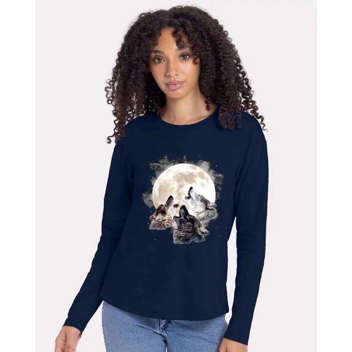 Three Wolves Howling At The Moon Wolf Lover Womens Cotton Relaxed Long Sleeve T-Shirt