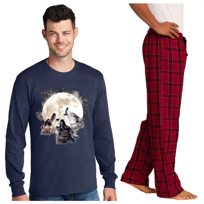 Three Wolves Howling At The Moon Wolf Lover Long Sleeve Pajama Set