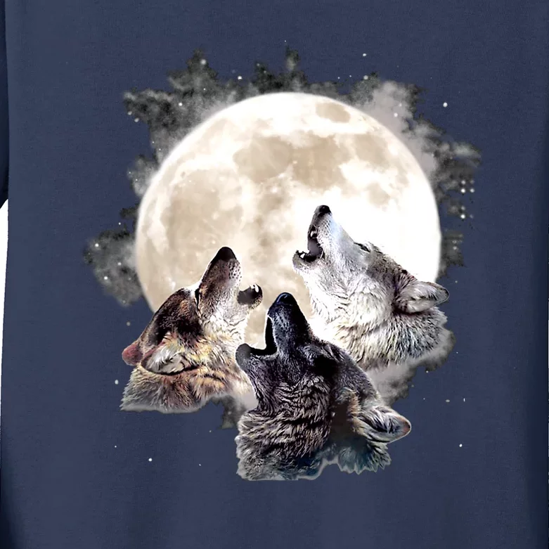 Three Wolves Howling At The Moon Wolf Lover Kids Long Sleeve Shirt