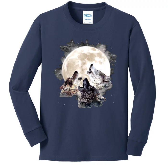 Three Wolves Howling At The Moon Wolf Lover Kids Long Sleeve Shirt