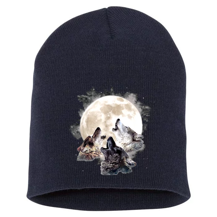 Three Wolves Howling At The Moon Wolf Lover Short Acrylic Beanie