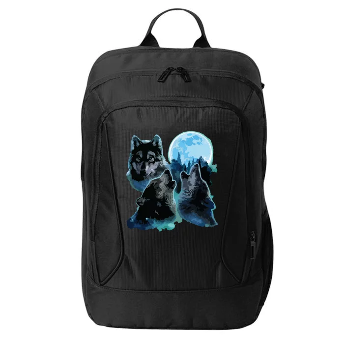 Three Wolves Howling Under Icy Full Moon, Gray Wolf City Backpack