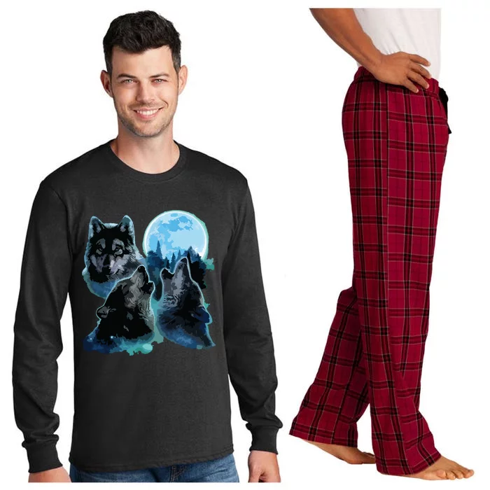 Three Wolves Howling Under Icy Full Moon, Gray Wolf Long Sleeve Pajama Set