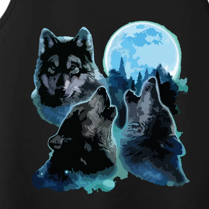 Three Wolves Howling Under Icy Full Moon, Gray Wolf Performance Tank