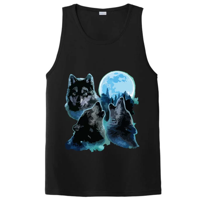 Three Wolves Howling Under Icy Full Moon, Gray Wolf Performance Tank