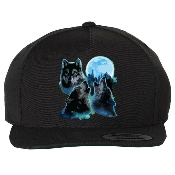 Three Wolves Howling Under Icy Full Moon, Gray Wolf Wool Snapback Cap