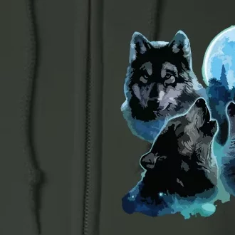 Three Wolves Howling Under Icy Full Moon, Gray Wolf Full Zip Hoodie