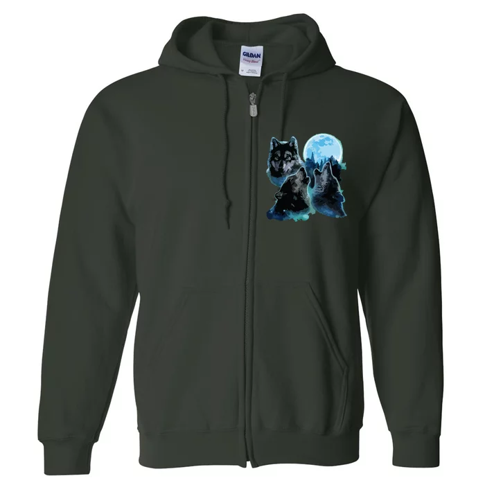 Three Wolves Howling Under Icy Full Moon, Gray Wolf Full Zip Hoodie