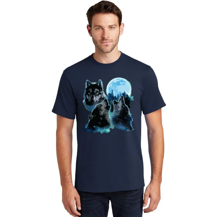 Three Wolves Howling Under Icy Full Moon, Gray Wolf Tall T-Shirt