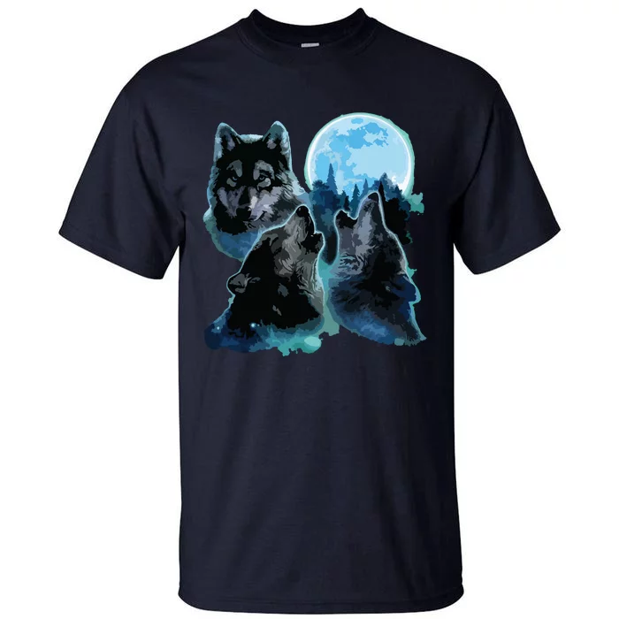 Three Wolves Howling Under Icy Full Moon, Gray Wolf Tall T-Shirt