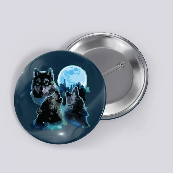 Three Wolves Howling Under Icy Full Moon, Gray Wolf Button