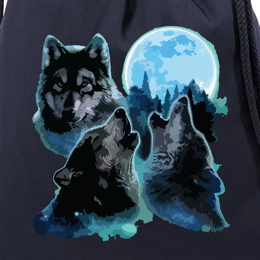 Three Wolves Howling Under Icy Full Moon, Gray Wolf Drawstring Bag