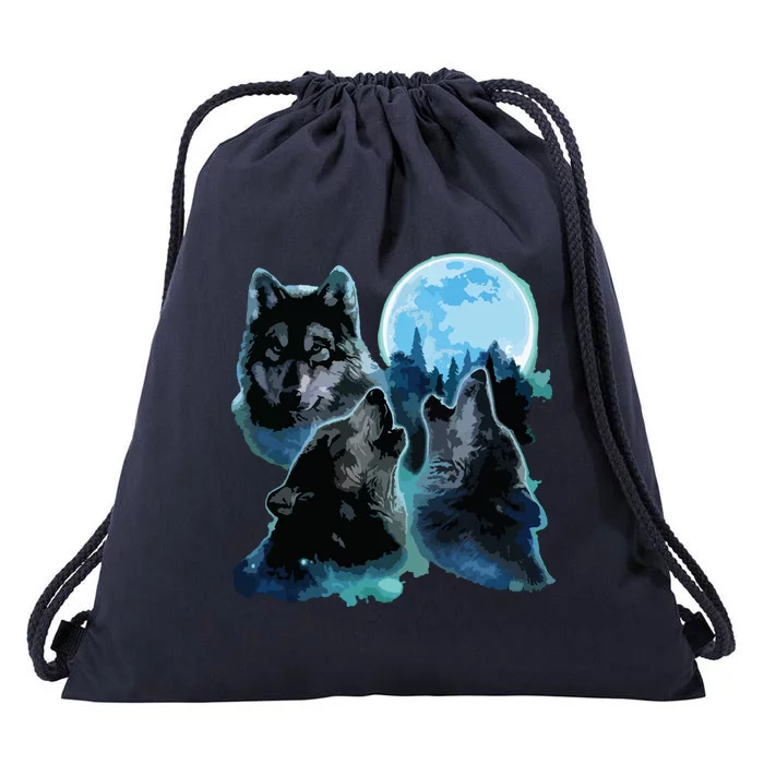 Three Wolves Howling Under Icy Full Moon, Gray Wolf Drawstring Bag