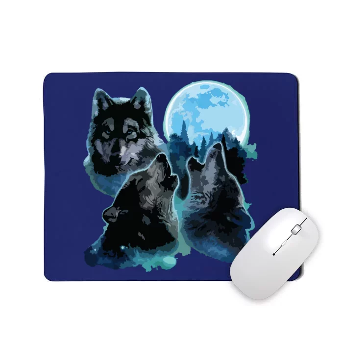 Three Wolves Howling Under Icy Full Moon, Gray Wolf Mousepad