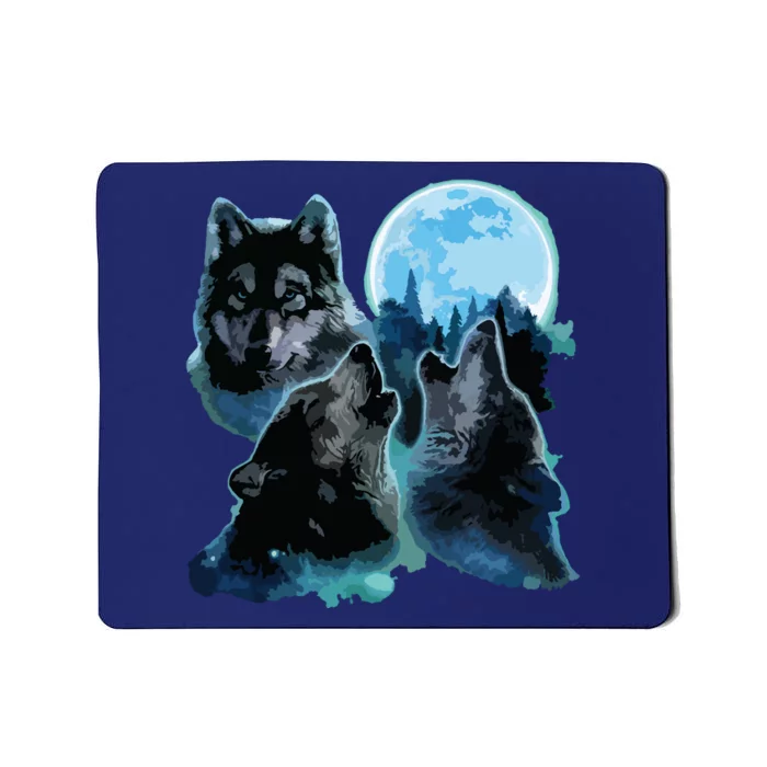 Three Wolves Howling Under Icy Full Moon, Gray Wolf Mousepad